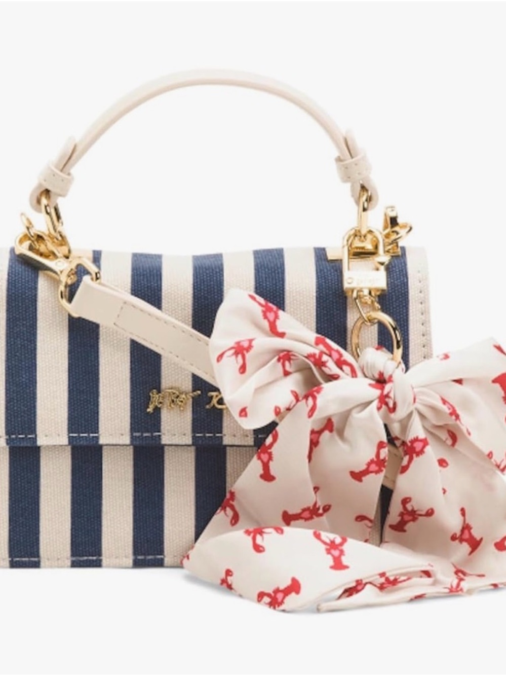 Striped Top-Handle Bag with Crab Print Scarf Accent